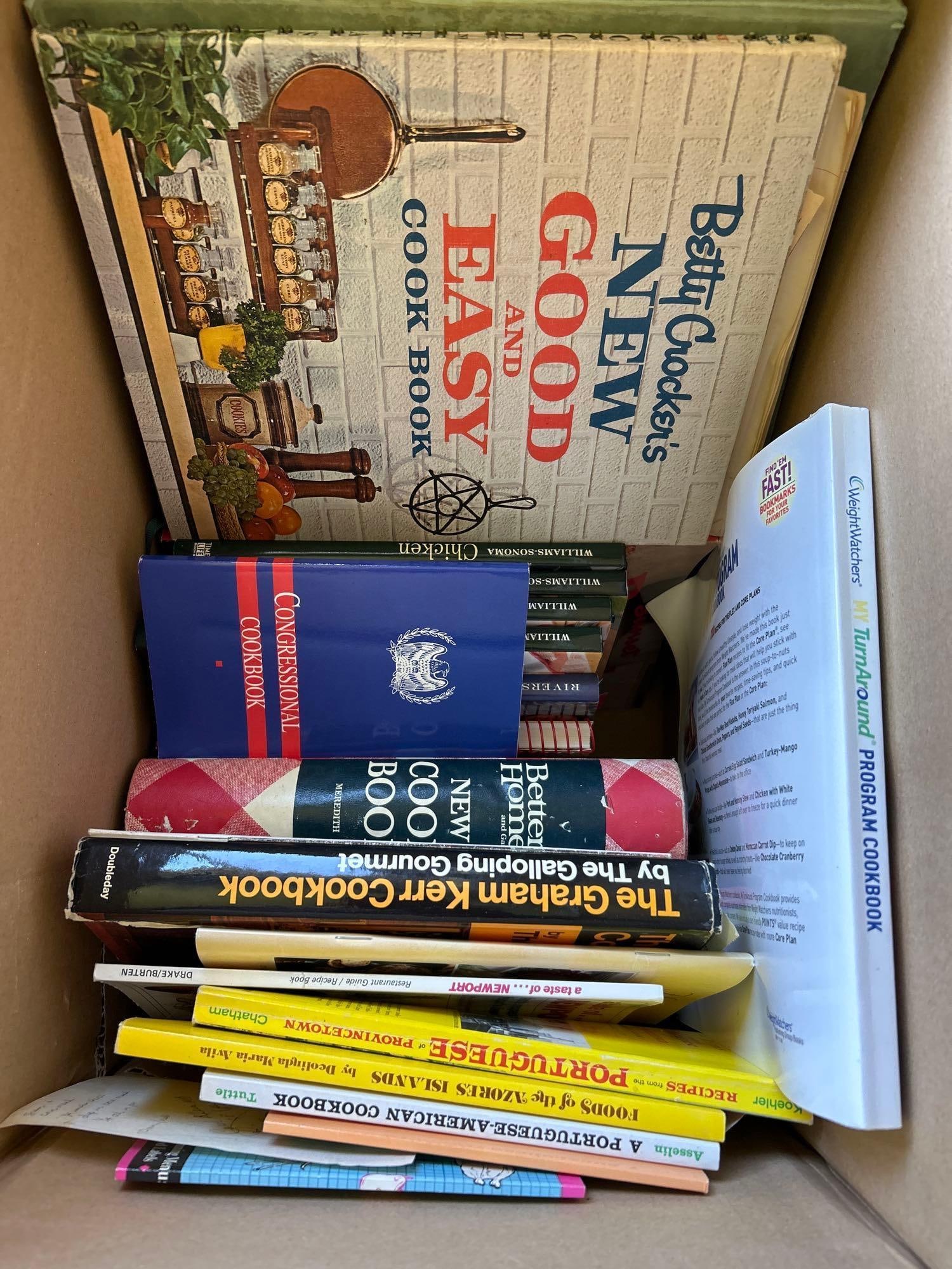 Large Box Of Cookbooks And Recipes: Large box of cookbooks and recipes.