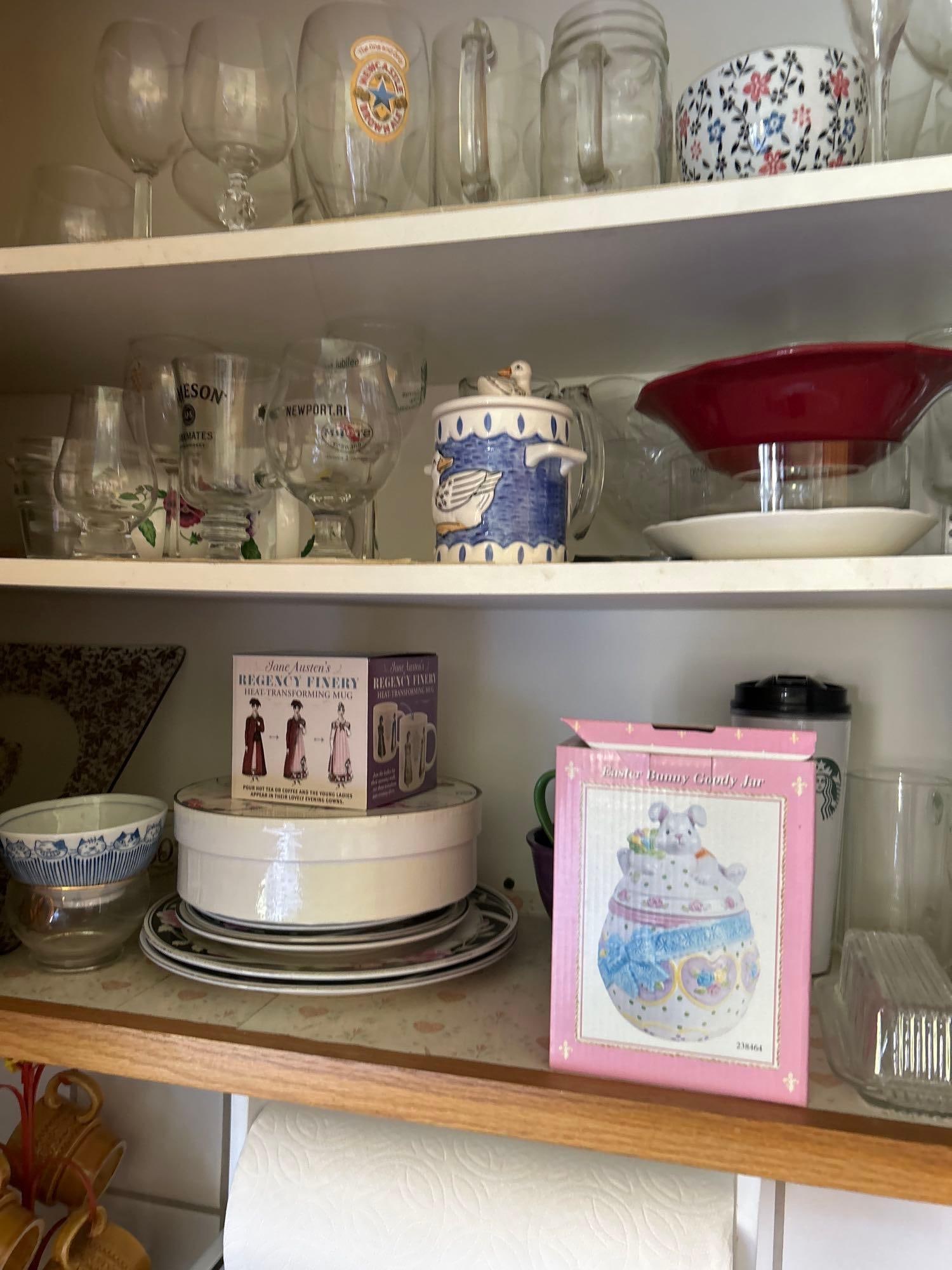 Cupboard Of Antique Glassware, Miscellaneous Mugs, And Plates: Cupboard of Antique glassware, miscellaneous mugs, and plates.
