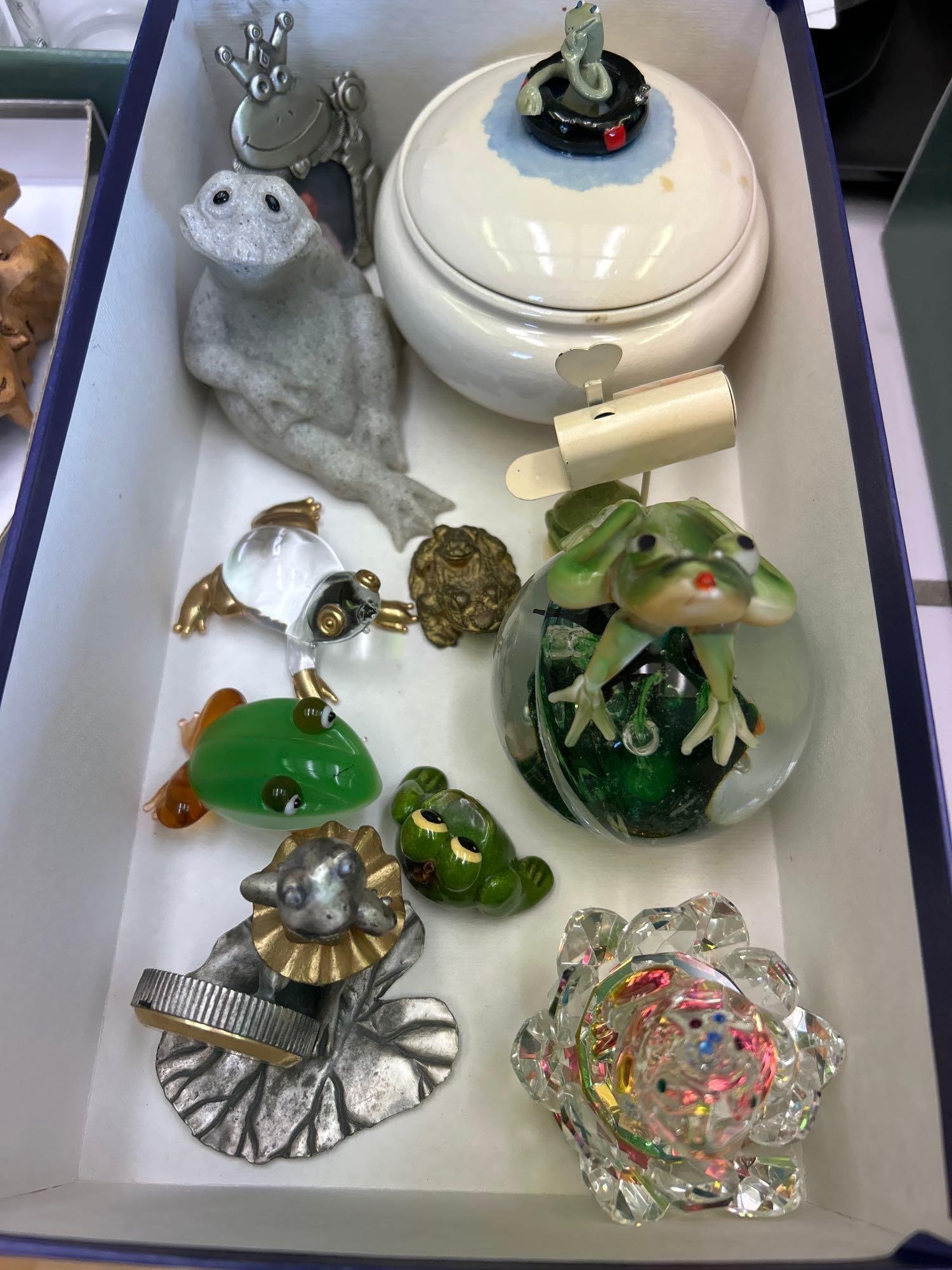Dynasty Frog Paperweight And Other Frog Collectibles: Dynasty Frog paperweight and other frog collectibles.