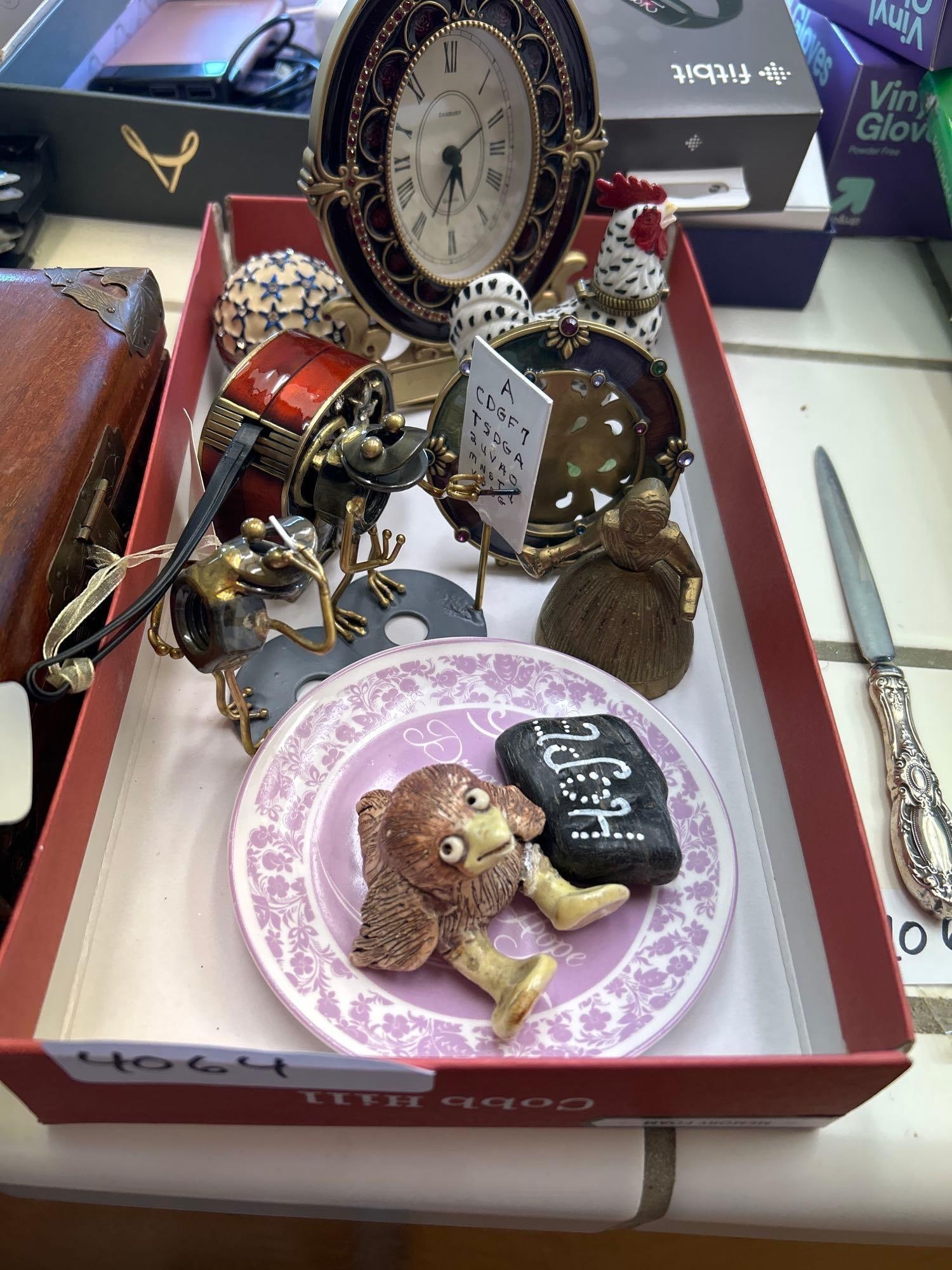 Collectibles And Decorative Items Including Enamel Table Clock, Picture Frame, And Tape Measure: Collectibles and decorative items including enamel table clock, picture frame, and tape measure.