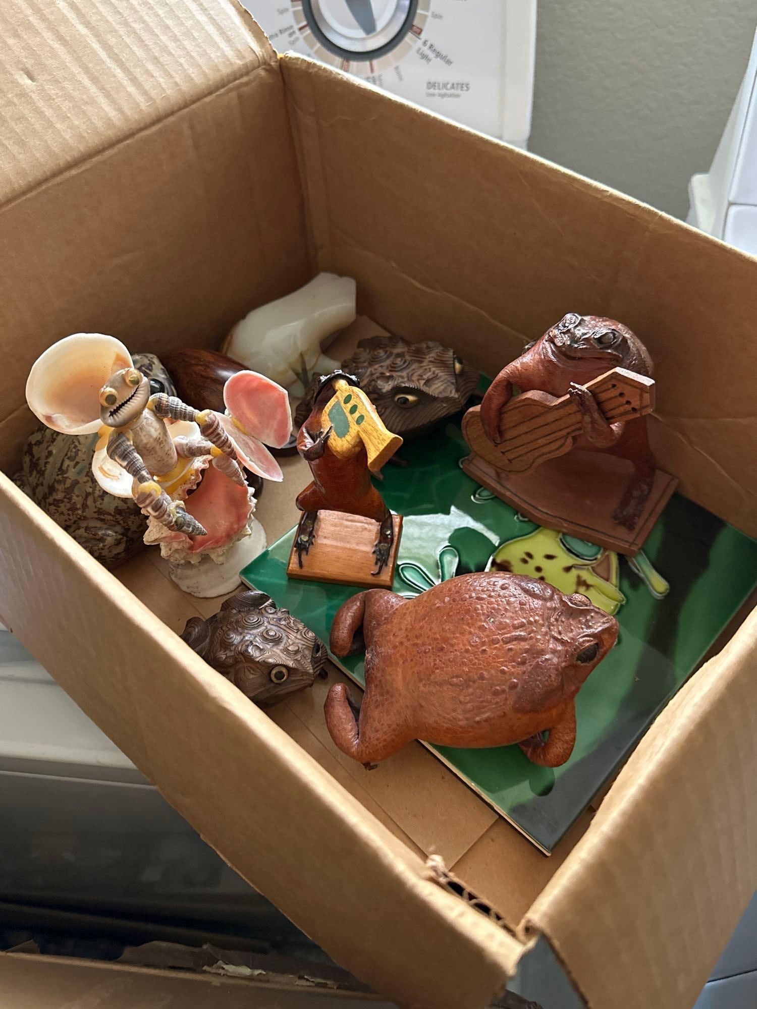 Grouping Of Frog Figures, Including She'Ll, Onyx, And Taxidermy Frogs: Grouping of frog figures, including she'll, onyx, and taxidermy frogs.