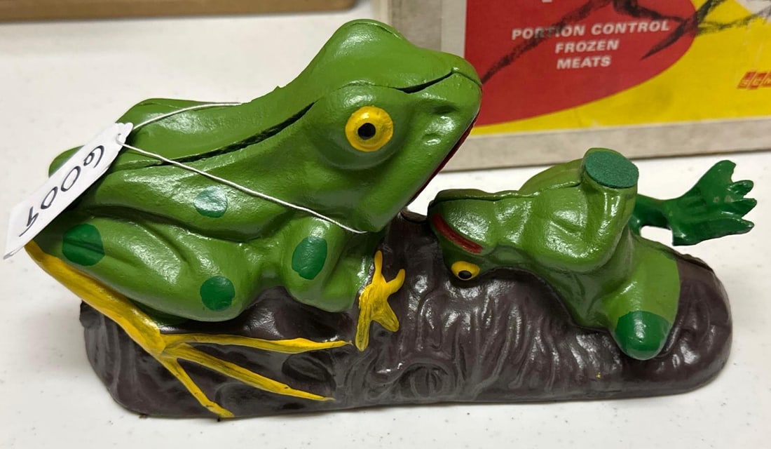 Cast Iron Frog Bank: Cast iron frog bank.