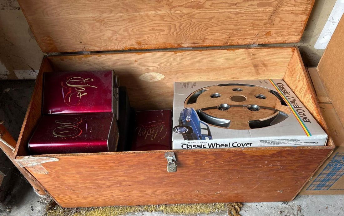 Vintage Custom Hand Painted Oil, Gas & Water Containers, With Wheel Covers And More: Vintage custom hand painted oil, gas & water containers, with wheel covers and more.