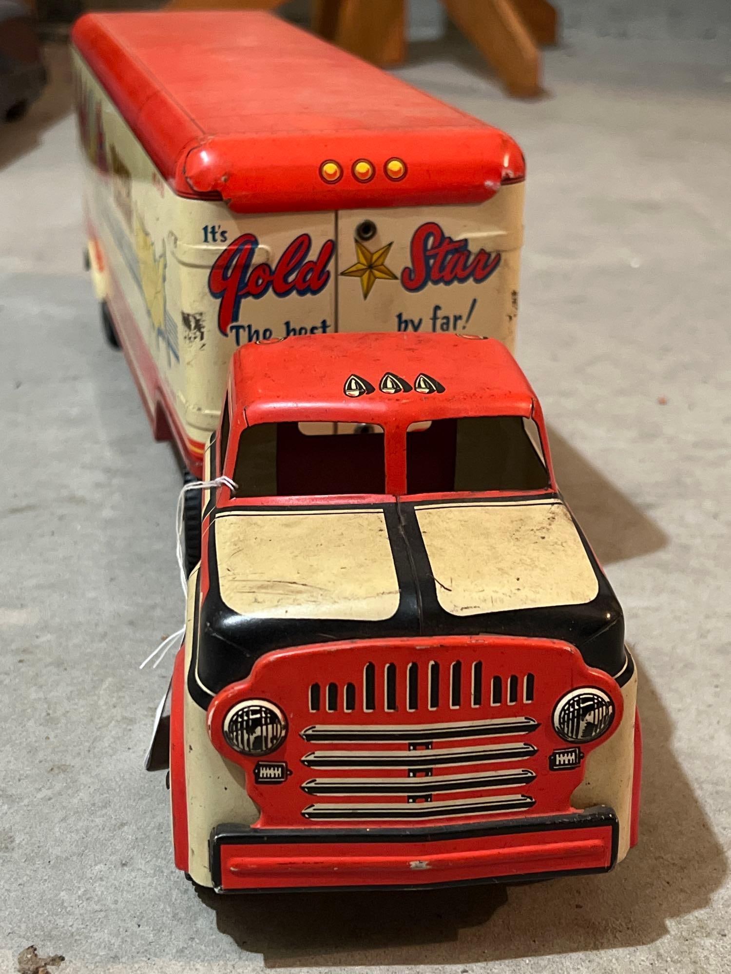 1950's Marx Tin Lithograph Gold Star Transfer Company Semi Truck & Trailer Toy, No: 1950's Marx tin lithograph Gold Star Transfer Company semi truck & Trailer toy, No. M-320. approximately 21.0L x 6.0H x 4.0W in.