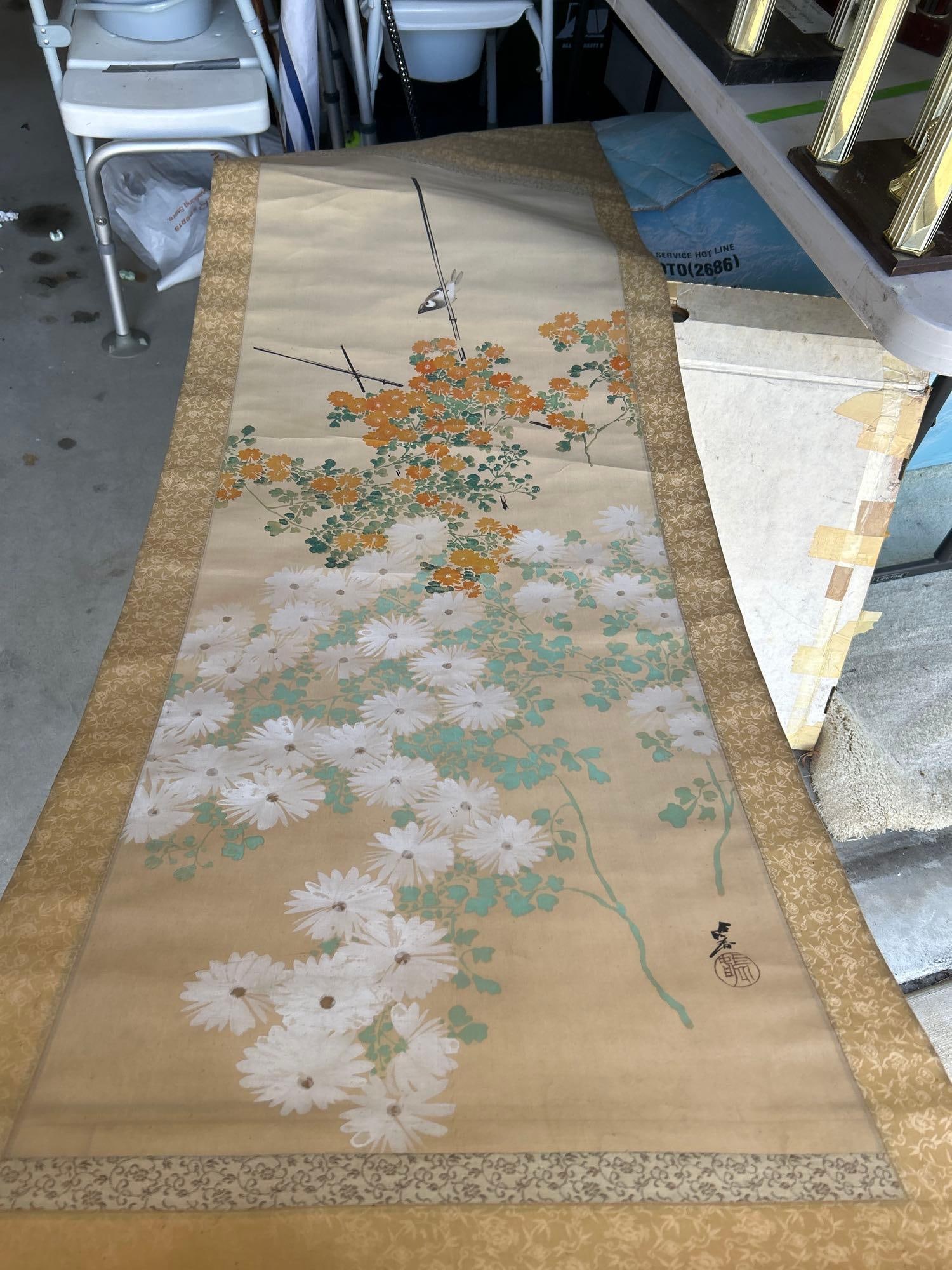 Asian Scroll Painting, Birds On Flowering Branch: Asian scroll painting, birds on flowering branch.