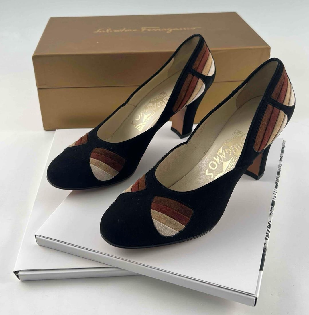 Salvatore Ferragamo Creations Limited Edition Suede "Civetta" Shoes With Original Box: Salvatore Ferragamo Creations Limited Edition Suede "Civetta" Historical Reproduction Shoes With Original Box, Certificate, Bag, And Dust Bags. Unworn condition. Edition 75/250. This model was