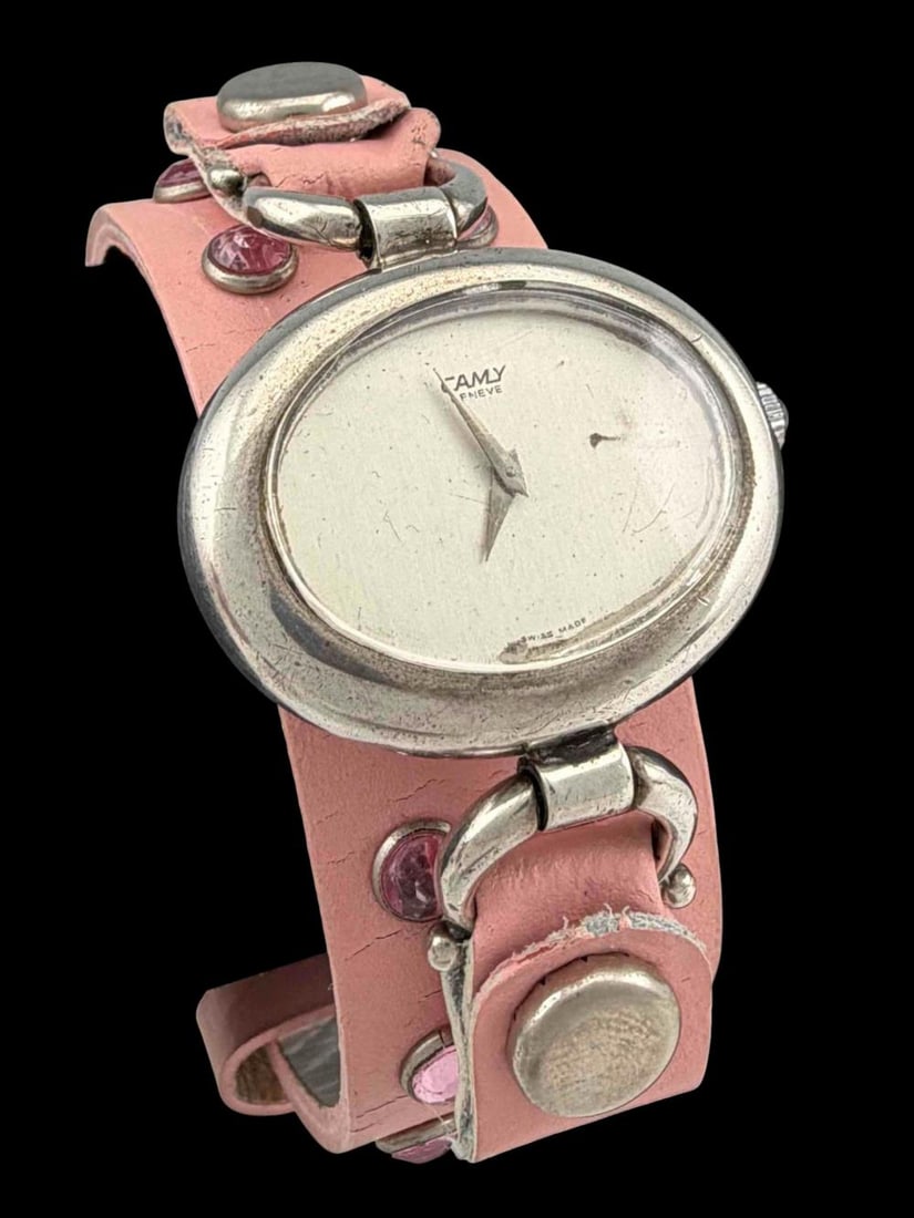 Camy Swiss Silver Watch With Interchangeable Watch Bands: Camy Swiss Silver Watch With Interchangeable Watch Bands. Watch face marked "Camy Geneve." Back of case marked "0,800 707MI." Watch (including crown) approximately 36.6 x 27.6mm. Width of bands