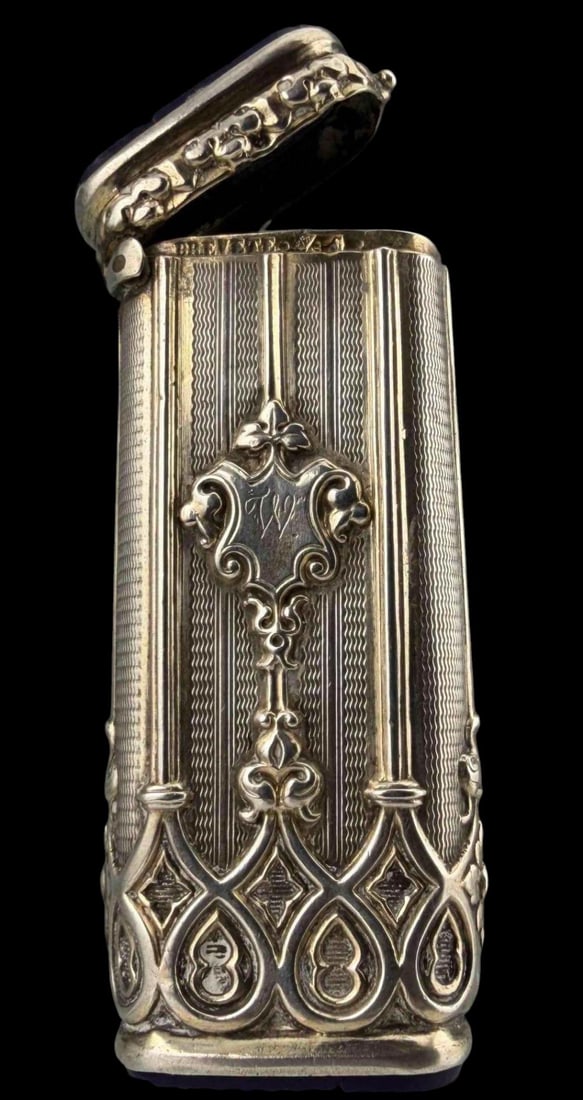 French Gothic Revival Silver & Cobalt Glass Vesta: French Gothic Revival Silver & Cobalt Glass Match Safe, 20.1g. Maker's mark "EH" with axe device in lozenge. Marked "Brevete" for patented mechanism. Tests as 85 percent silver. Monograms "R" and