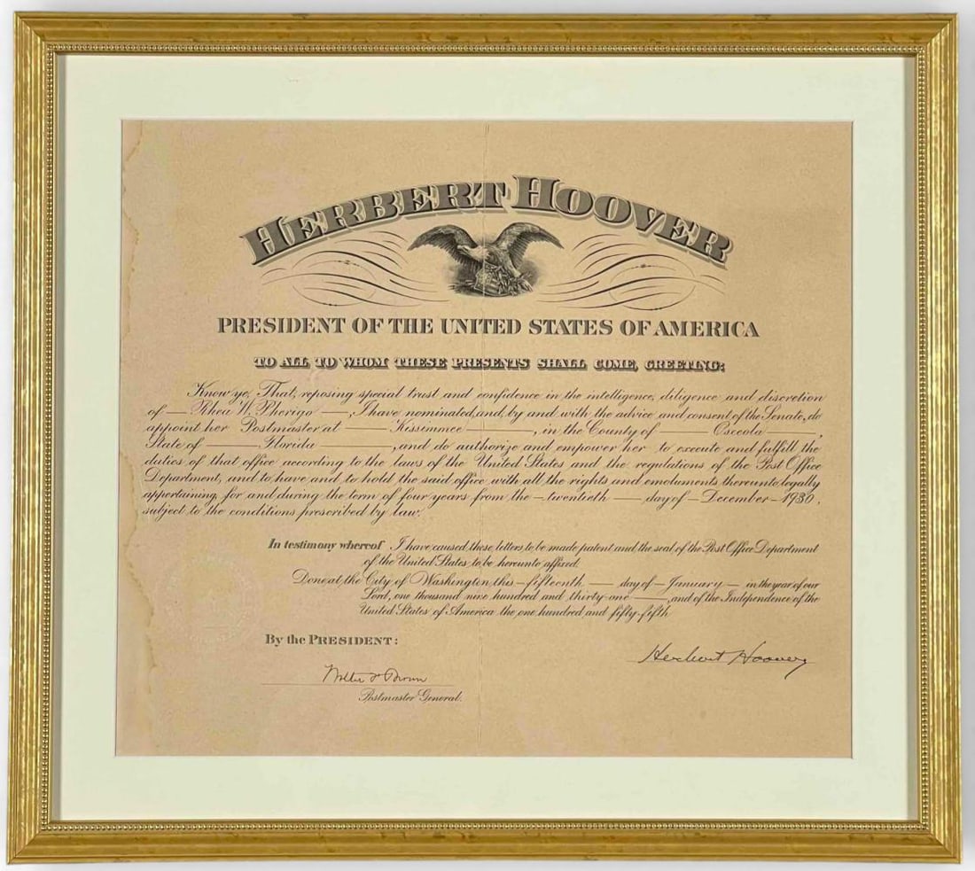 President Herbert Hoover Signed Postmaster Appointment Document - 2