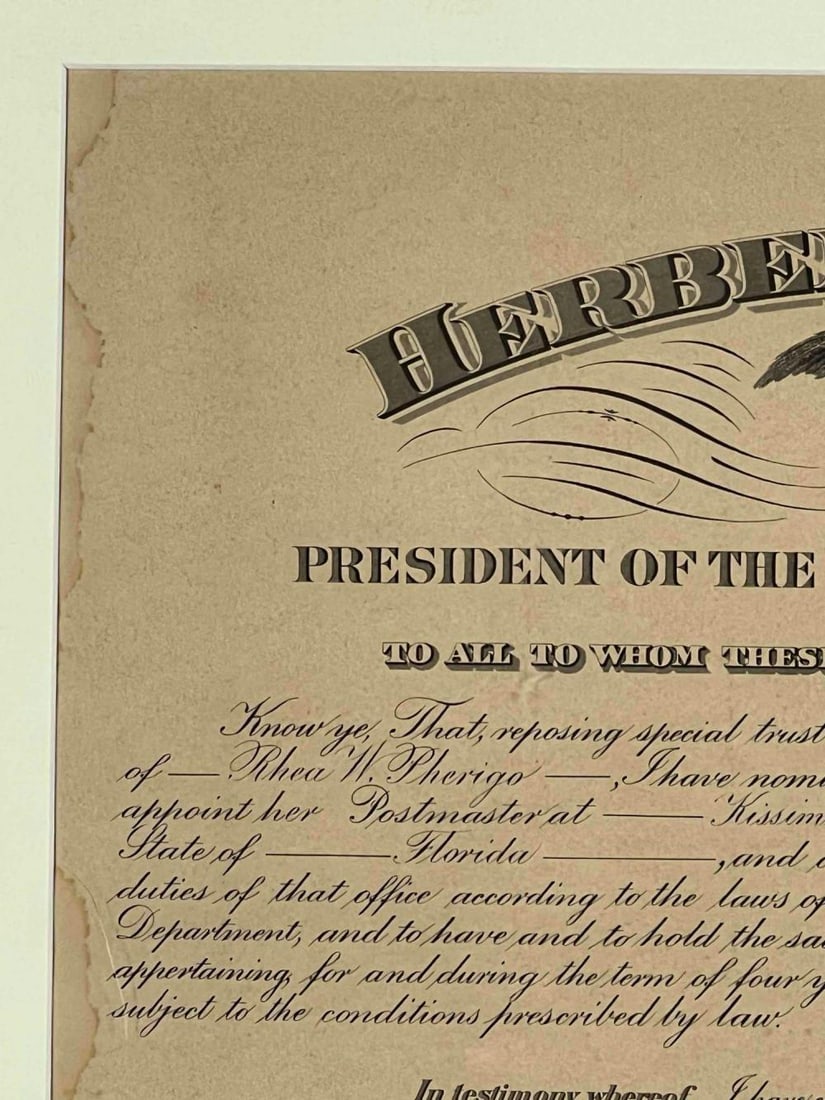 President Herbert Hoover Signed Postmaster Appointment Document - 3