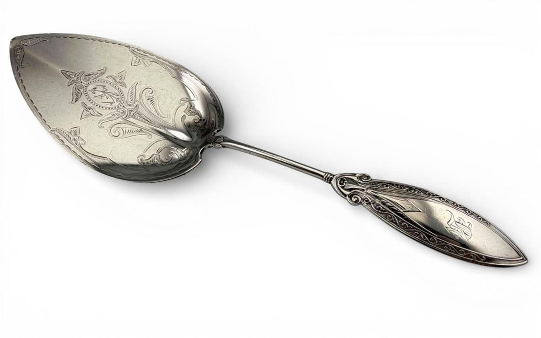 Gorham Sterling Silver Pie Server, Rothschild Provenance: Gorham Sterling Silver Pie Server, 84.0g. Marked "Sterling." inscribed "May 13 74." From the collection of Louis D. Rothschild, bears "R" monogram at handle. Approximately 9.625L x 2.875W in. ALL CRED