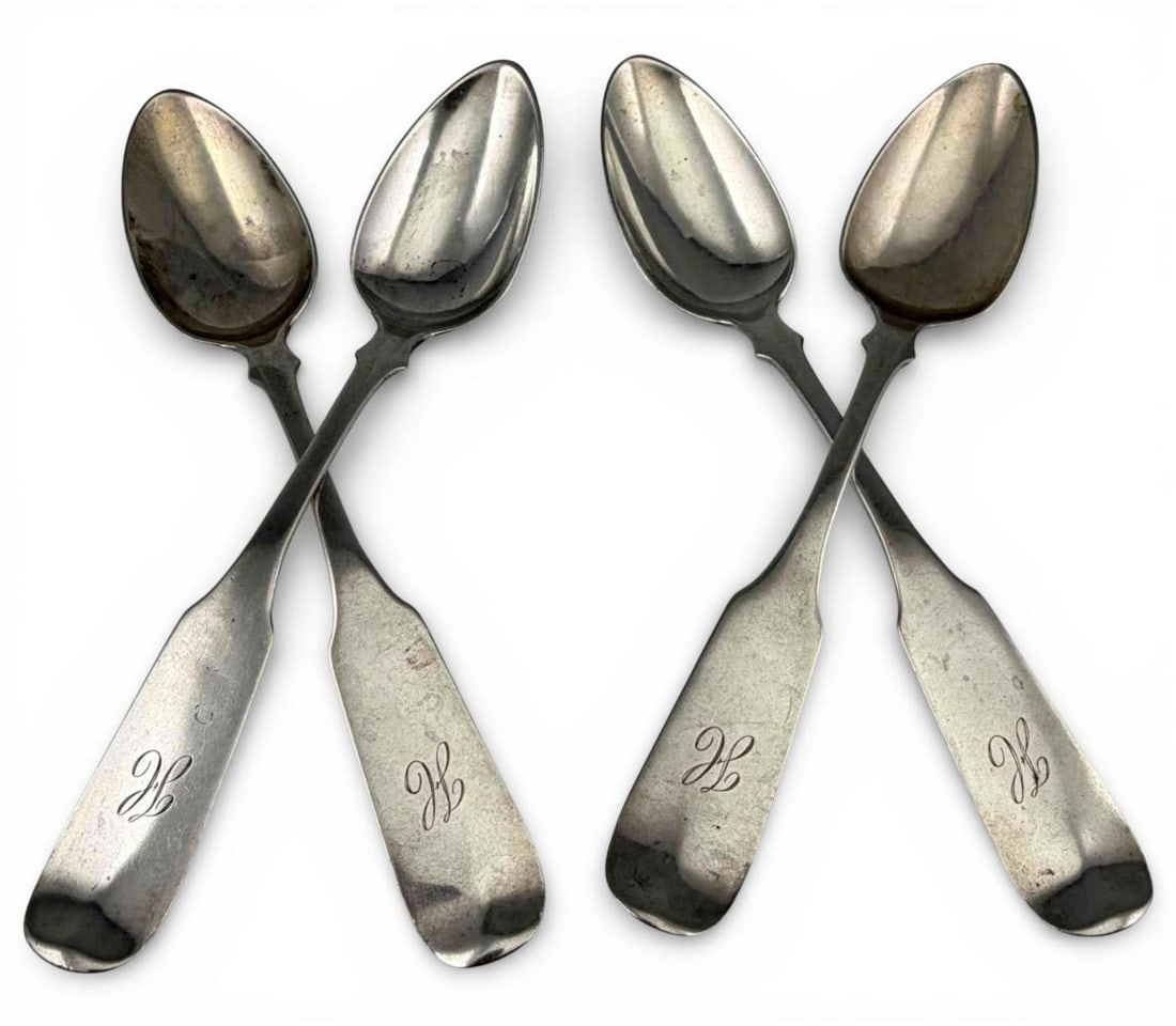 Set Of Four Caleb Warner American Coin Silver Fiddleback Teaspoons: Set Of Four Caleb Warner American Coin Silver Fiddleback Teaspoons, 76.7g. Marked "C. Warner," attributed to Caleb Warner (active 1805-1859), Salem Massachusetts. "H" MONOGRAM. Each approximately