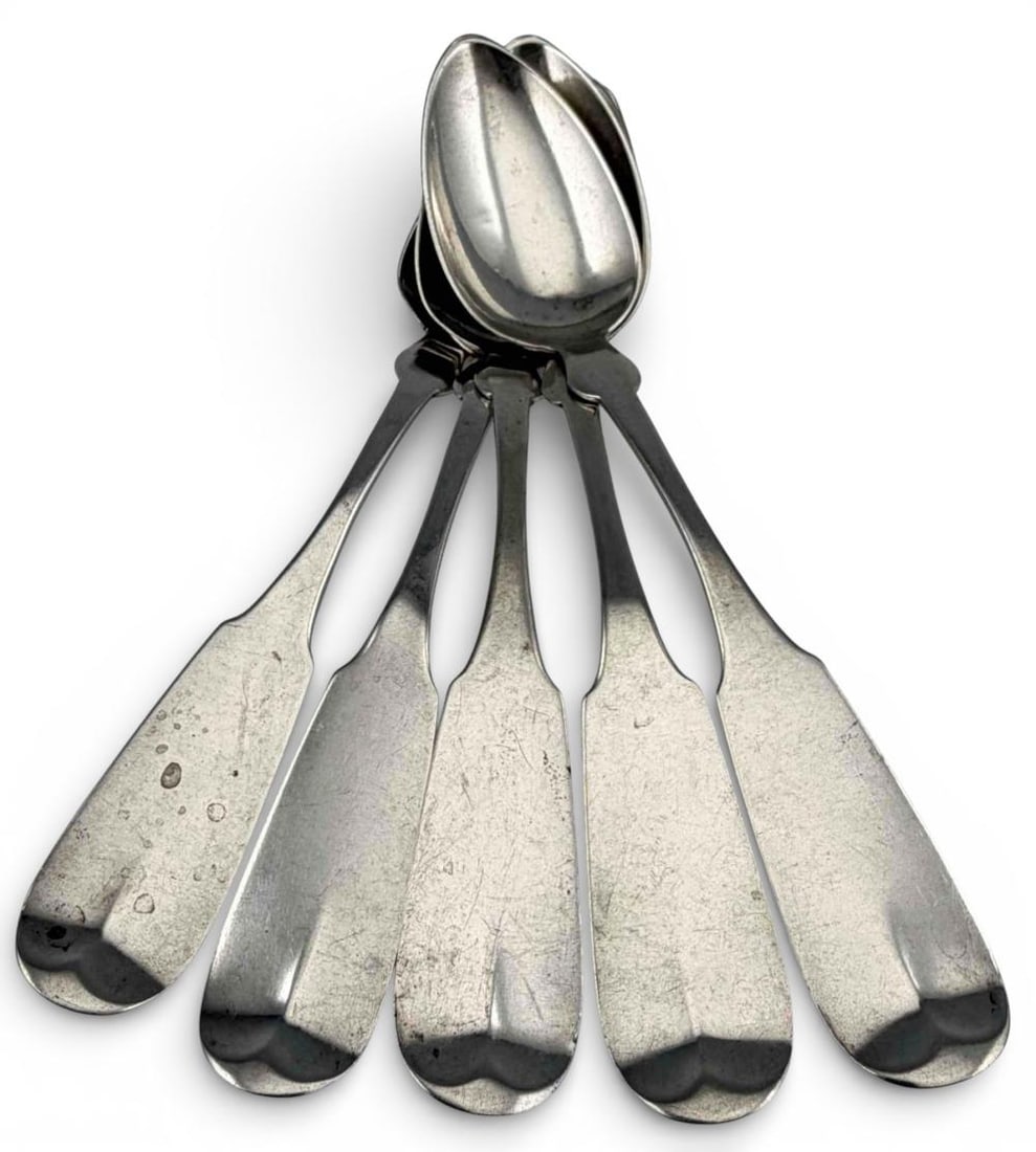 Five Coin Silver Teaspoons, John Bigelow, Boston, Ca. 1840: Five American Coin Silver Teaspoons, Bigelow & Brothers, Boston, Ca. 1840, 89.9g. Marked "Bigelow & Brothers Boston." Approximately 6.12L x 1.18W in. ALL CREDIT CARDS WILL BE MANUALLY VERIFIED PRIOR