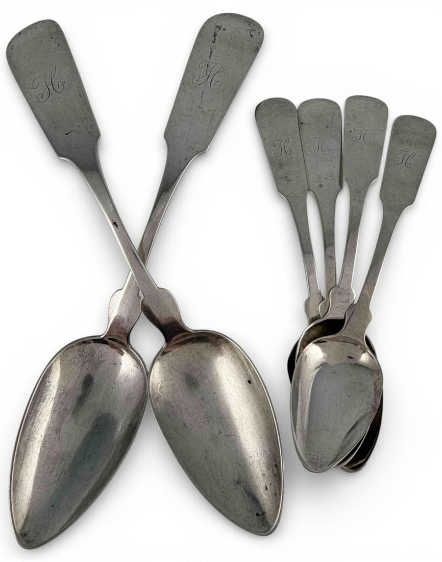 Newell Harding American Coin Silver Spoons, Ca.1835: American Coin Silver Spoons, Newell Harding, Boston, Ca.1830, 153.7g. Marked "N. Harding." Serving spoons approximately 8.750L x 1.74W in. Teaspoons approximately 6.0L x 1.24W in. ALL CREDIT CARDS