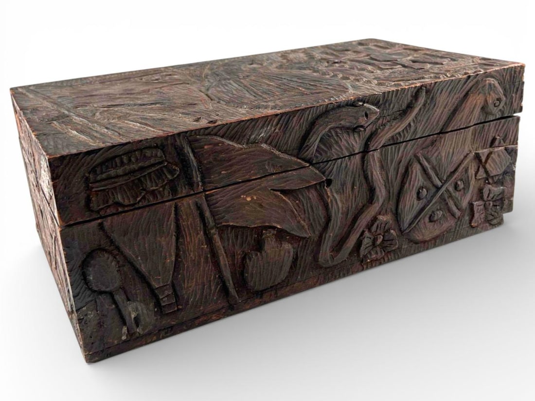 Hand-Carved Folk Art Wooden Box With Bird And Animal Motifs: Hand-Carved Folk Art Wooden Box with Bird and Animal Motifs. Approximately 18.0W x 10.0D x 6.75H in. Provenance: From the private collection of Joel Rothschild.