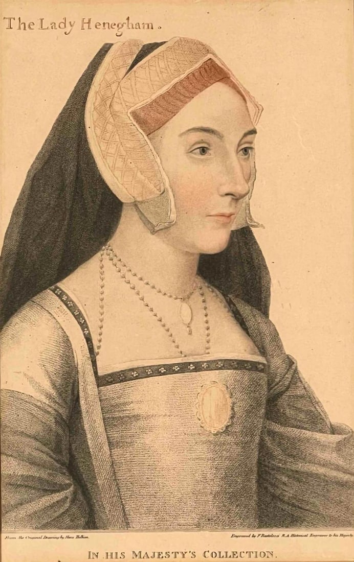 Francesco Bartolozzi, Engraving Of The Lady Henegham, After Hans Holbein: The Lady Of Henegham, After Hans Holbien, Engraved F. Bartolozzi. Marked "From the Original Drawing by Hans Holbein" and "Engraved by F. Bartolozzi R.A. Historical Engraver To His Majesty," with the l