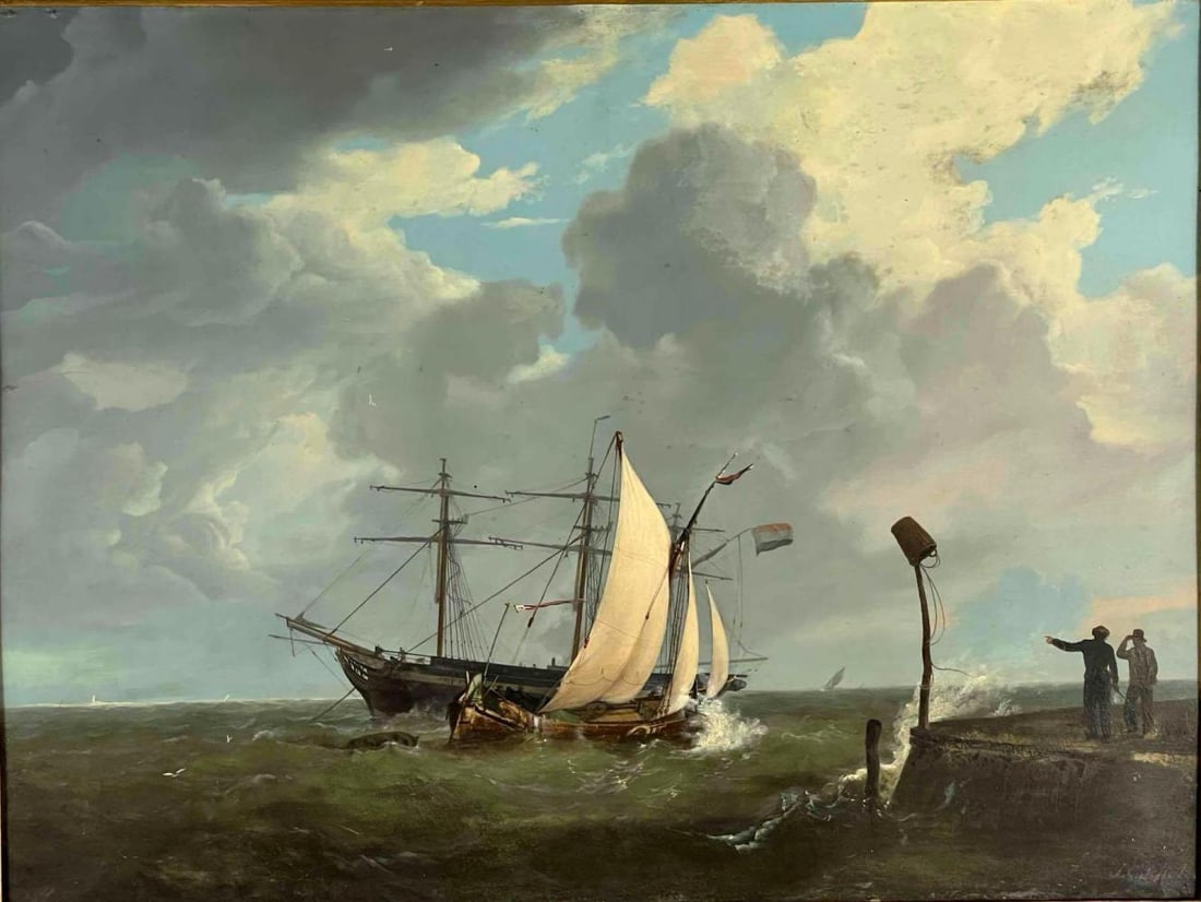 Johann Christiaan Schotel (Dutch, 1787-1838) Maritime Scene With Sailing Vessels, Oil On Board: Johann Christiaan Schotel (Dutch, 1787-1838) maritime scene with sailing vessels near a jetty and figures observing from shore under a dramatic sky. Oil on wood board, signed lower left "J.C. Schotel.
