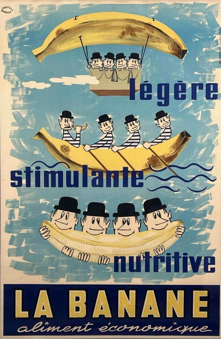French "La Banane" Mid Century Advertising Poster: French "La Banane" Mid Century Advertising Poster. Large vintage French advertising poster promoting "La Banane," part of mid-20th century campaigns encouraging consumption of bananas imported from th