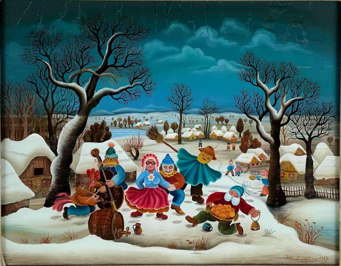Ivka Matina-Marinkovic (Croatian, b. 1923) Masquerade Dance, Reverse Painted On Glass: Ivka Matina-Marinkovic (Croatian, b. 1923) Masquerade Dance, Reverse Painted On Glass. Signed, dated 1979 lower right. Depicts a winter village masquerade dance likely representing the traditional Pok