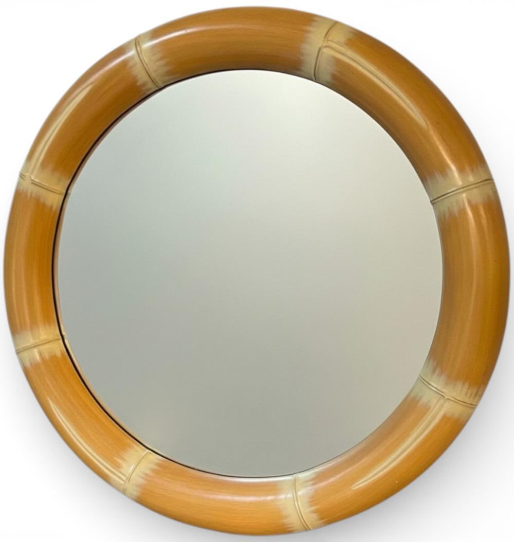 After Karl Springer, Large Round Faux Bamboo Wall Mirror: After Karl Springer, Large Round Faux Bamboo Wall Mirror. Approximately 41.0W x 2.75D in.
