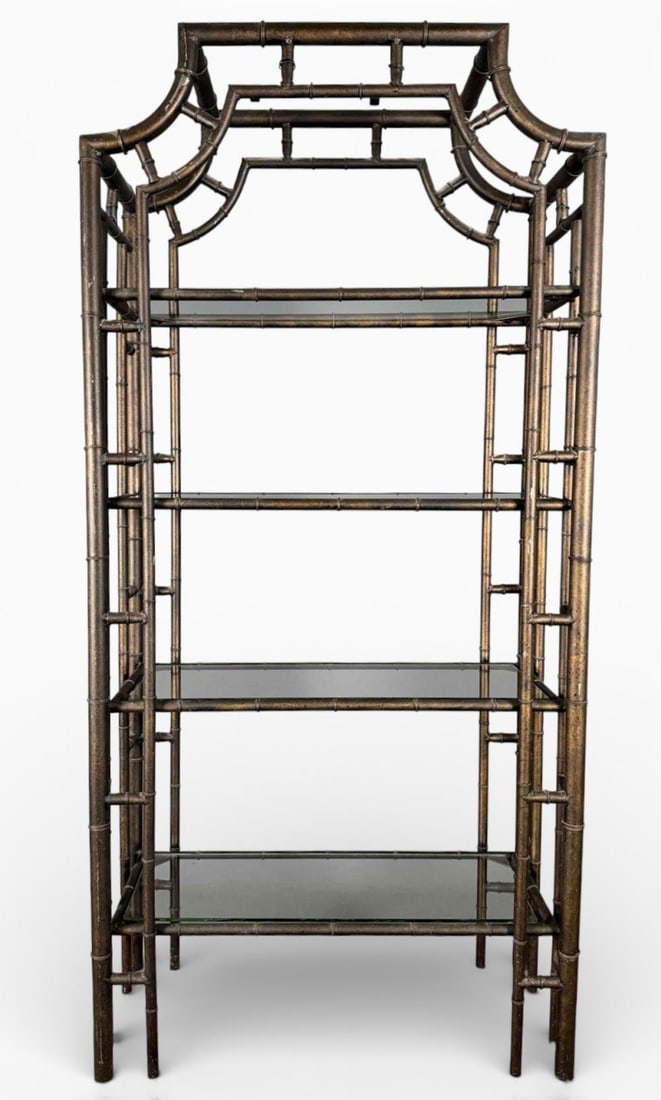 Hollywood Regency Chinoiserie Faux Bamboo Etagere: Hollywood Regency Chinoiserie Bronzed Metal Faux Bamboo Etagere, Mid 20th Century. Approximately 66.0H x 31.5W x 14.25D in.