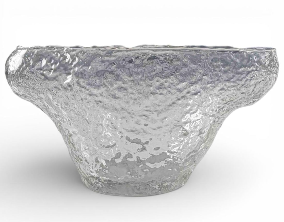 Goran Warff (Swedish, 1933-2022) Glacier / Ice Glass Bowl, Dated 1956, Signed: Attributed to Goran Warff (Swedish, b. 1933) Glacier / Ice Glass Bowl, Dated 1956, Signed. Scandinavian art glass bowl executed in the mid-century glacier glass (ice glass / bark glass) technique, cha
