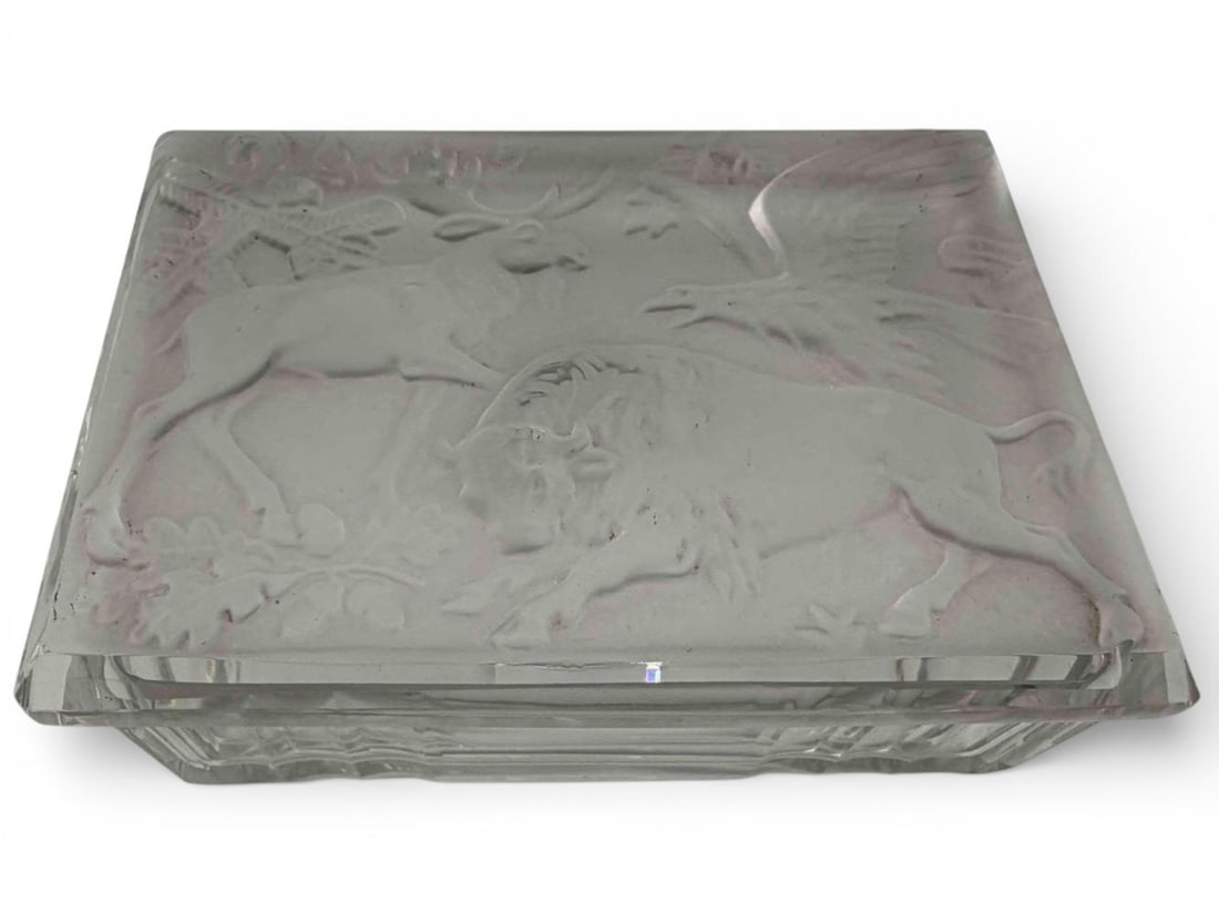 Frosted Crystal Dresser Box With Buffalo & American Fauna Motif: Frosted Crystal Dresser Box With Buffalo & American Fauna Motif. Approximately 6.125L x 4.25W x 2.5H in. Provenance: From the private collection of Joel Rothschild.