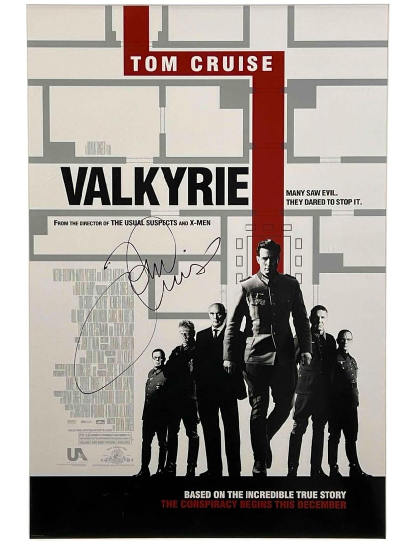 Tom Cruise Autographed Valkyrie 2008 Movie Poster: Tom Cruise Autographed Valkyrie 2008 Movie Poster. As framed approximately 51.125H x 37.0W x 0.75D in. Sight approximately 39.625H x 26.625W in. Provenance: From the private collection of Joel Rothsch
