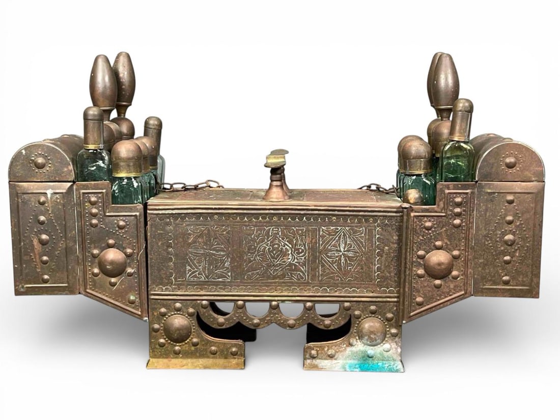 Turkish Etched Copper & Brass Mounted Shoe Shine Stand: Turkish Etched Copper & Brass Mounted Shoe Shine Stand. Includes nineteen glass bottles with lids. Approximately 32.25L x 14.125H x 7.625W in. Height of kit including bottles approximately 19.5in.