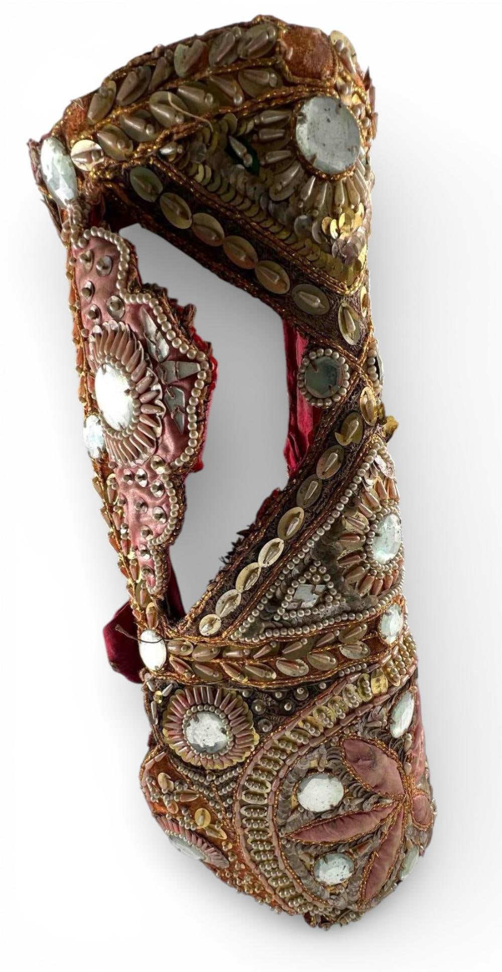 Rajasthani Ceremonial Horse Mask, Possibly Marwari, India, Early 20th Century: Rajasthani Ceremonial Horse Mask, Possibly Marwari, India, Early 20th Century. Piece is richly decorated with glass mirrors, sequins, beads, and metallic thread embroidery, used to adorn a horse