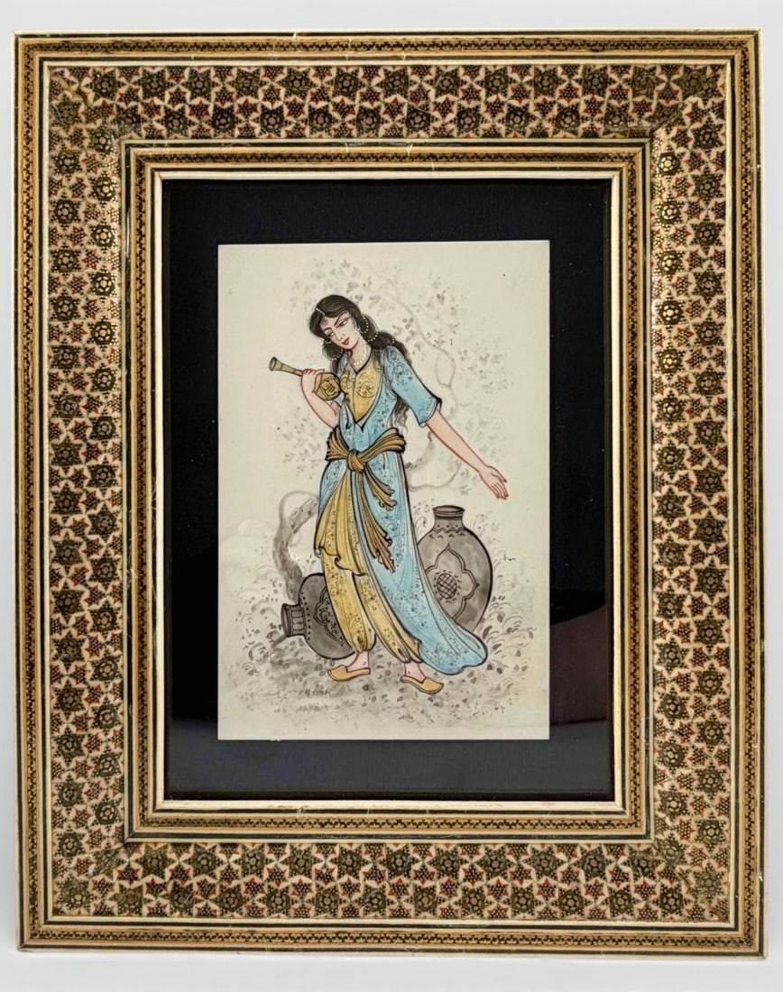 Persian Miniature Painting On Panel In Khatamkari Frame: Persian Miniature Painting On Panel In Khatamkari Frame. Tag affixed to verso marked "Fotowat Miniaturist Imam Sq. Posh-e-matbakh St. No;50 Isfahan- Iran." Frame approximately 10.625H x 8.625W x 1.0D