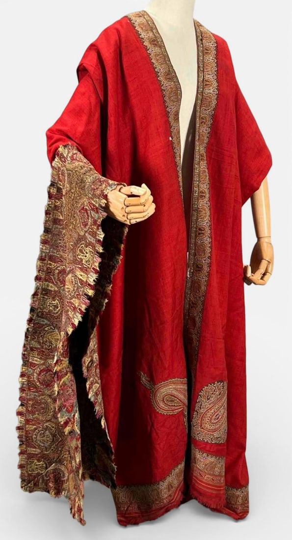 19th Century Kashmiri Hand Embroidered Paisley Long Shaw & Textile.: 19th Century Kashmiri Hand Embroidered Wool Long Shawl & Smaller Textile. Shawl approximately 48.0W x 126.0L in. Kashmiri hand embroidered table runner (assembled from antique shawl) approximately