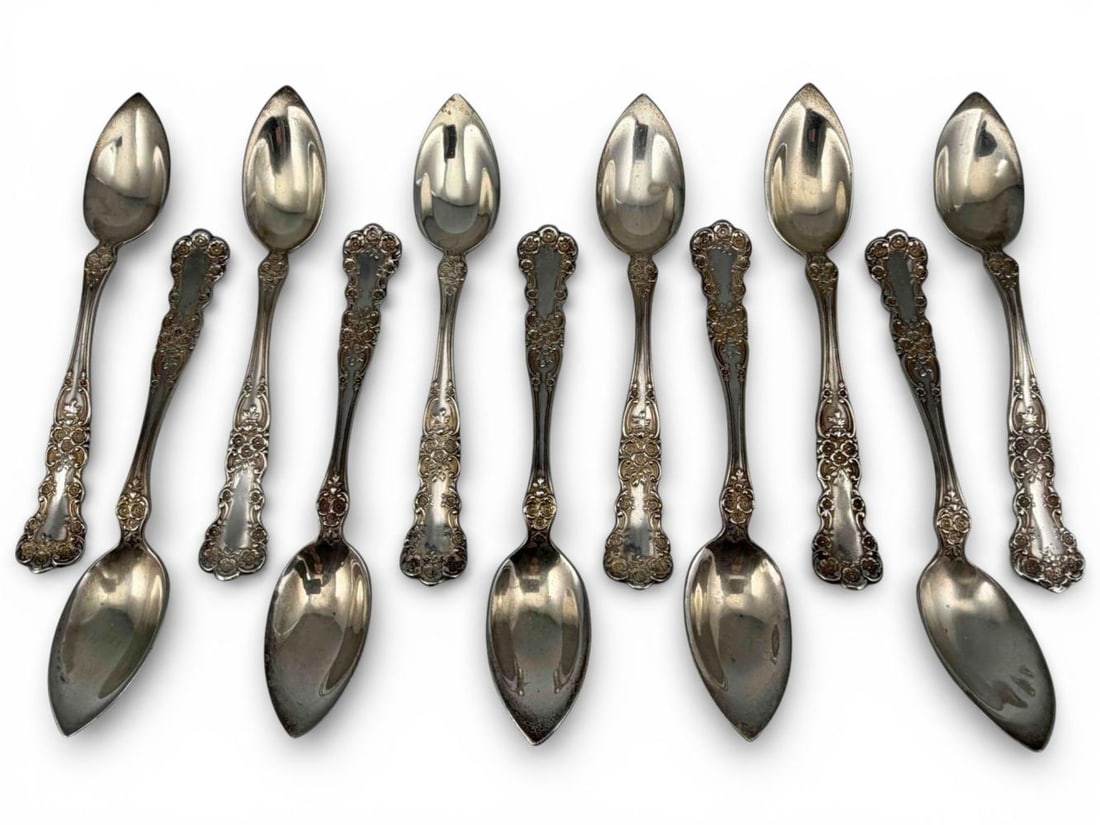 Gorham Buttercup Sterling Silver Fruit Spoons: Gorham Buttercup Sterling Silver Fruit Spoons, Set Of Ten Plus One, 261.0g. Marked "Sterling." Each approximately 5.75L x 1.0W in. ALL CREDIT CARDS WILL BE MANUALLY VERIFIED PRIOR TO SHIPMENT.