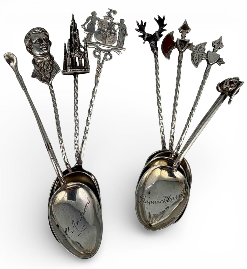 Eight English & Scottish Sterling Silver Souvenir Spoons: Eight English & Scottish Sterling Silver Souvenir Spoons, 77.9g. Hallmarked or test as sterling. All marked with Birmingham Assay stamp. Seven feature maker's mark "J.F." Date letters correspond to 19
