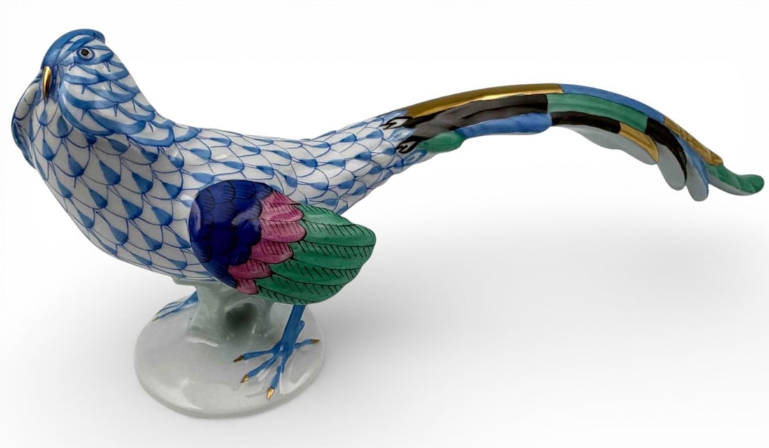 Herend Blue Fishnet Porcelain Pheasant Figure: Herend Blue Fishnet Porcelain Pheasant Figure. Marked "Herend Hungary Handpainted 5025 250." Approximately 8.50L x 3.0H x 1.74W in. Proceeds from this lot benefit Grey Bears Nonprofit