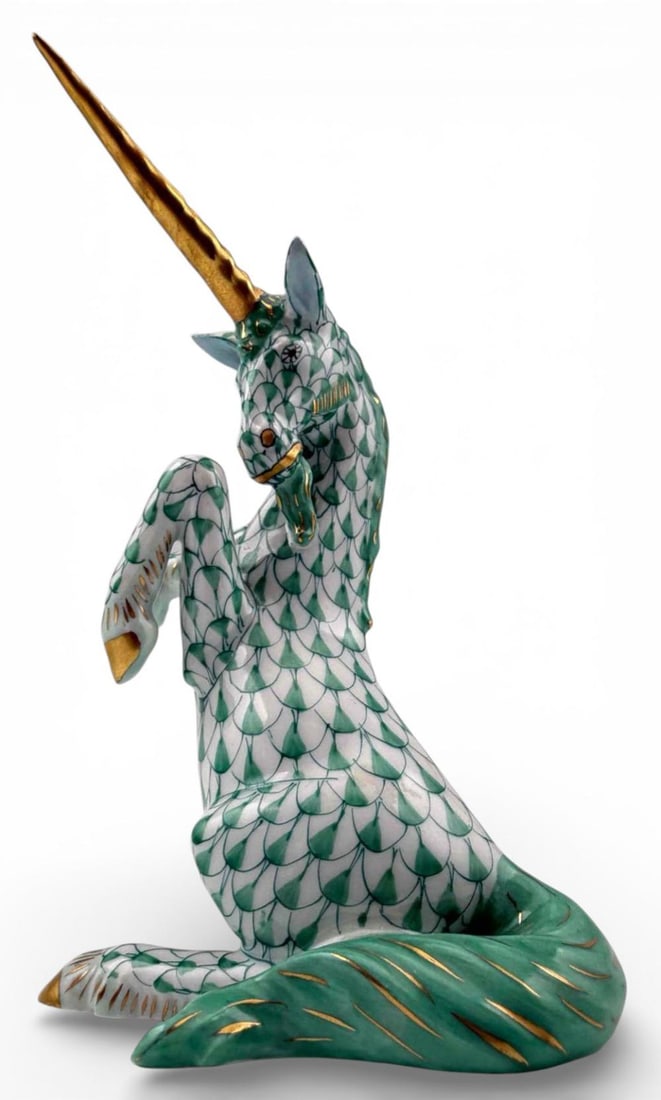 Herend Green Fishnet Porcelain Unicorn: Herend Green Fishnet Porcelain Unicorn Figure, No. 15360. Marked "Herend Hungary Handpainted 15360-0-00IVHV A99." Proceeds from this lot benefit Grey Bears Nonprofit Organization. Grey Bears improves