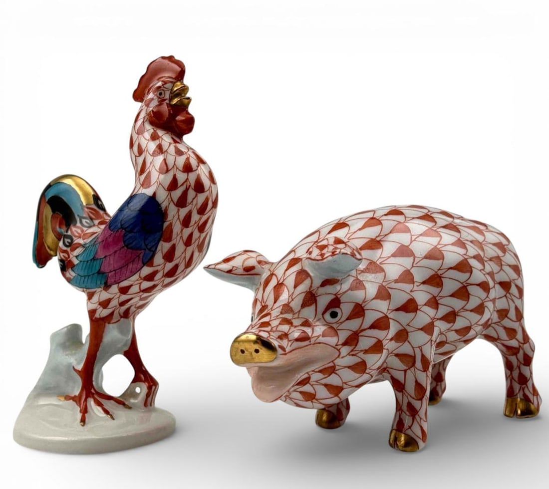 Herend Rust Fishnet Porcelain Pig & Rooster Figures (1 of 9)