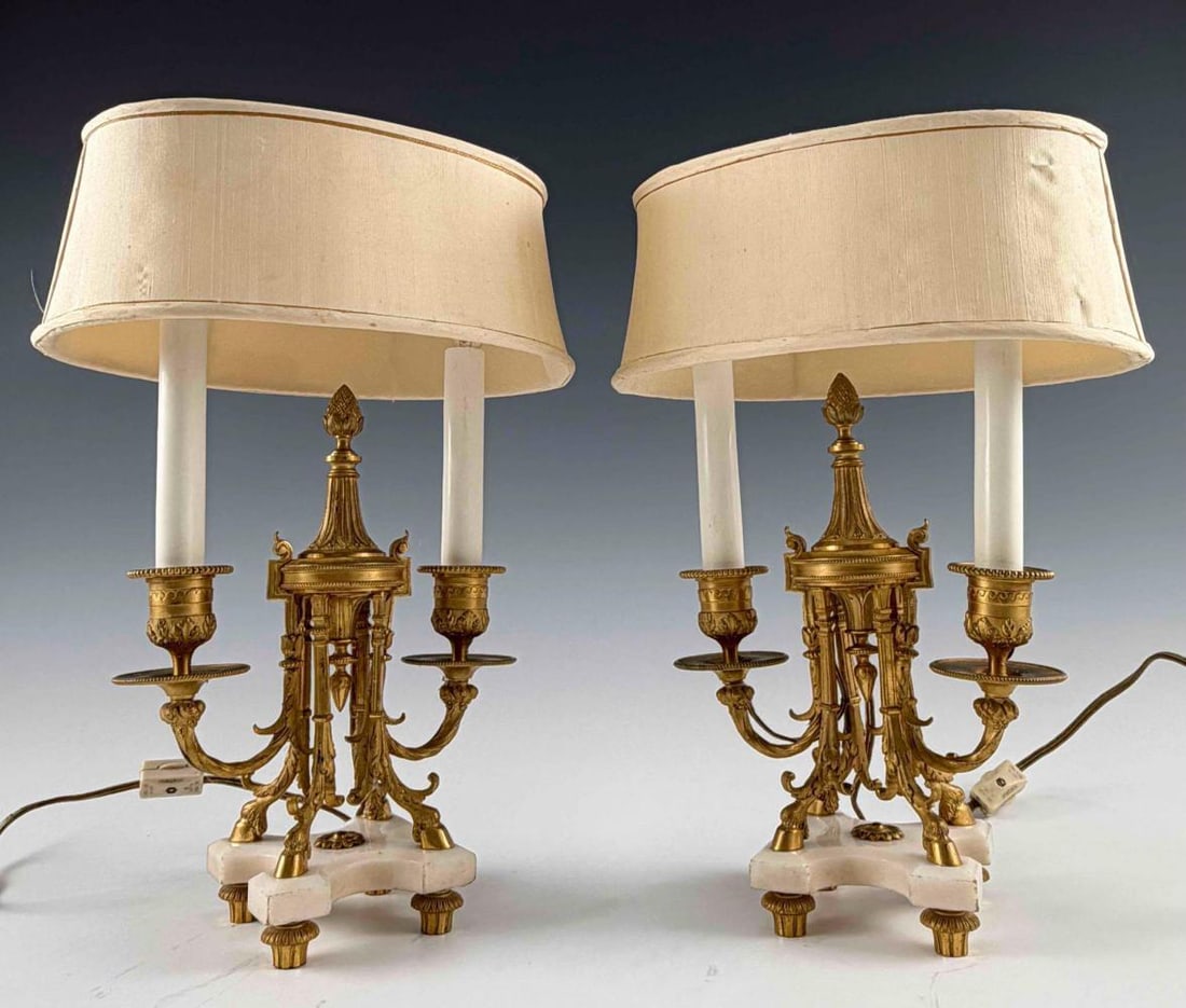 Pair Of 19th Century Neoclassical Gilt Bronze Candelabra, Converted To Electric: Pair Of 19th Century Neoclassical Gilt Bronze Candelabra, Converted To Electric. Approximately 10.75H x 7.25W in. (Measurements to top of socket). Shades approximately 12.75L x 6.25W x 4.25H in. And