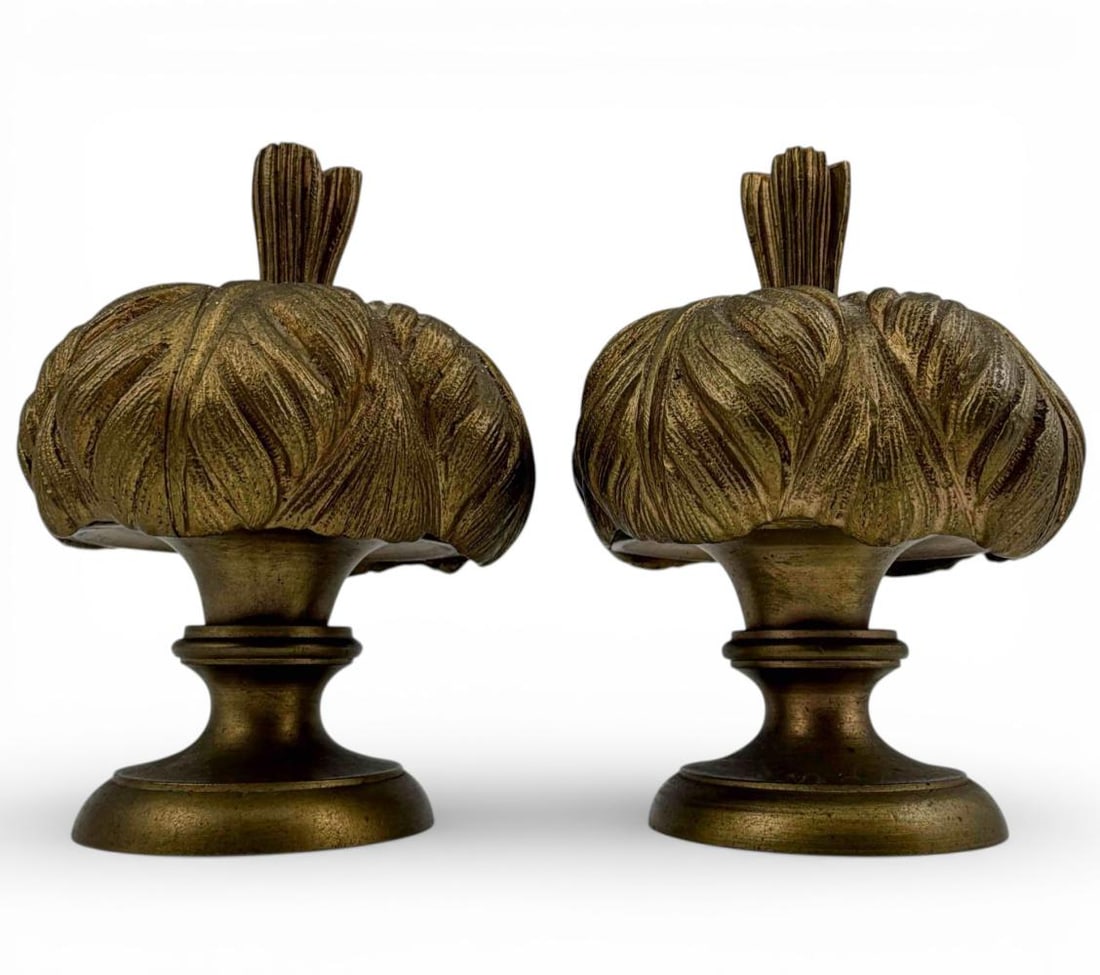 Pair Of Brass Palm Tree Finials Or Curtain Rod Ends: Pair Of Brass Palm Tree Finials Or Curtain Rod Ends. Each approximately 4.0L x 2.875W in.