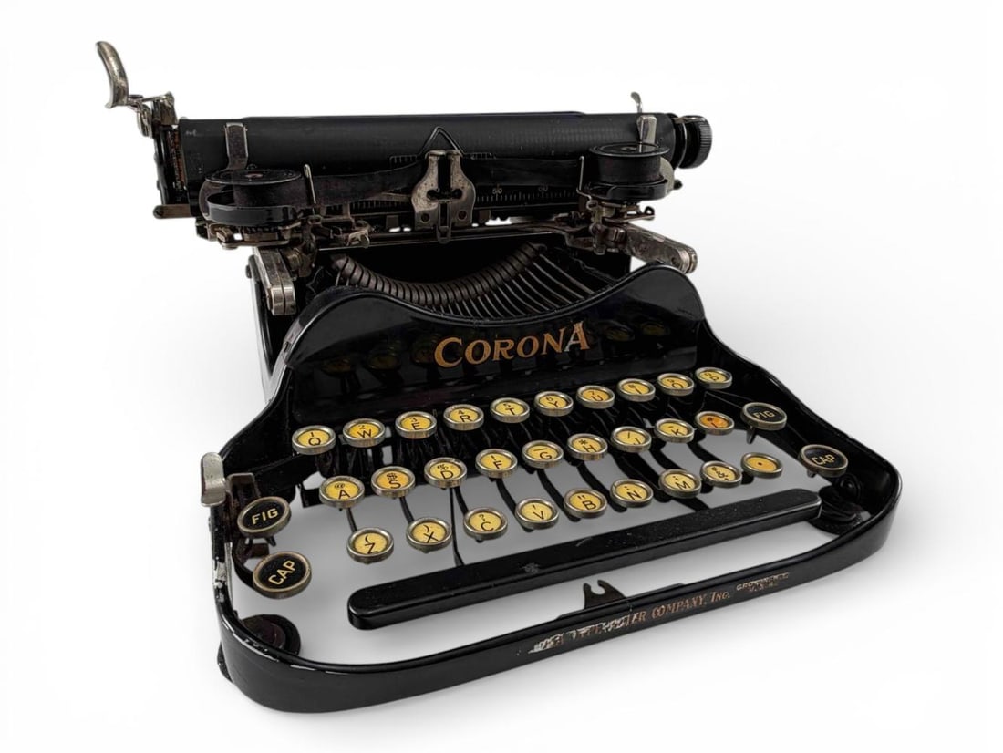 Corona Portable Folding Typewriter: Corona Portable Folding Typewriter With Original Case & Cleaning Instruments. Appears to be in working order, some keys stick, in need of new ribbons. Typewriter approximately 11.5W x 9.75D x 6.0H in.