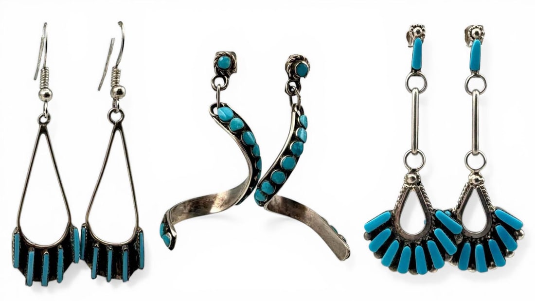 Three Pairs Zuni Sterling Silver Turquoise Petit Point Inlay Earrings (1 of 11)