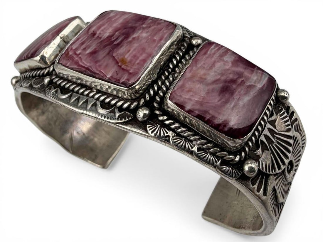 Garrett Hale, Navajo Hand Stamped Sterling Silver Spiny Oyster Cuff Bracelet (1 of 9)
