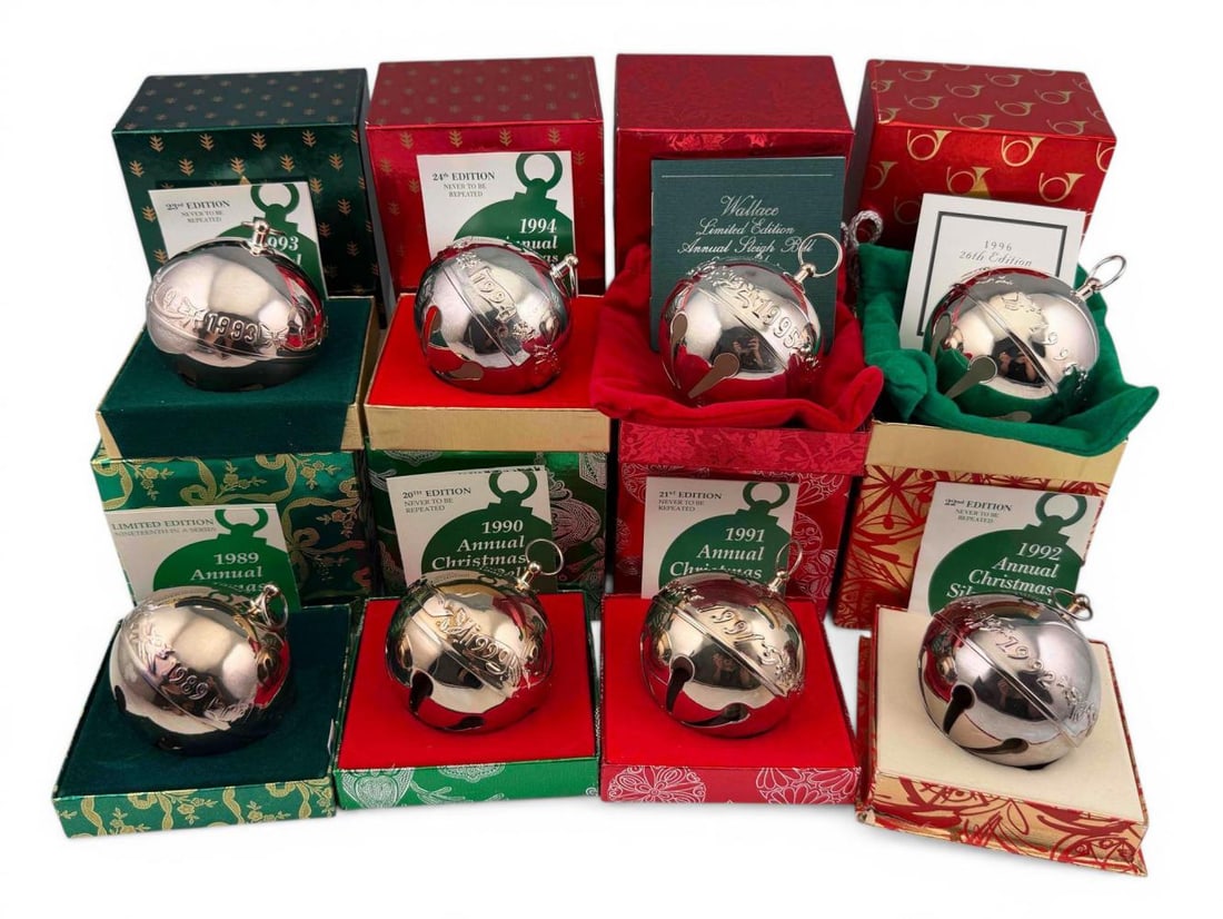 Wallace Silversmiths Annual Limited Edition Christmas Bells, 1989-1996: Wallace Silversmiths Annual Limited Edition Silverplate Christmas Bells, 1989-1996, Lot Of 8, With Original Boxes. Bells approximately 2.59in. Boxes approximately 3.75L x 3.68W x 2.73H in. Please