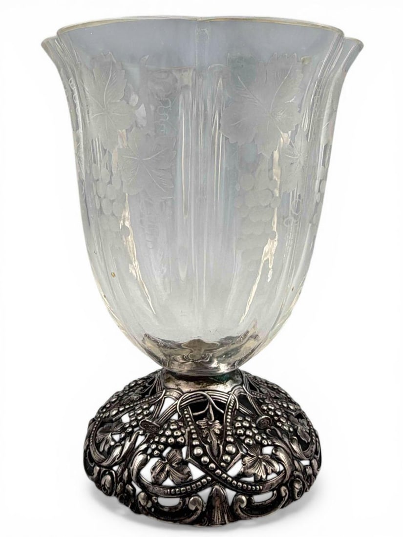German 800 Silver Etched Glass Vase With Grapevine Motif: German 800 Silver Etched Glass Vase With Grapevine Motif. Marked "800 Germany." Approximately 7.75H x 5.875W in. Please note that winning bidders are not required to select the Live Shipping option.