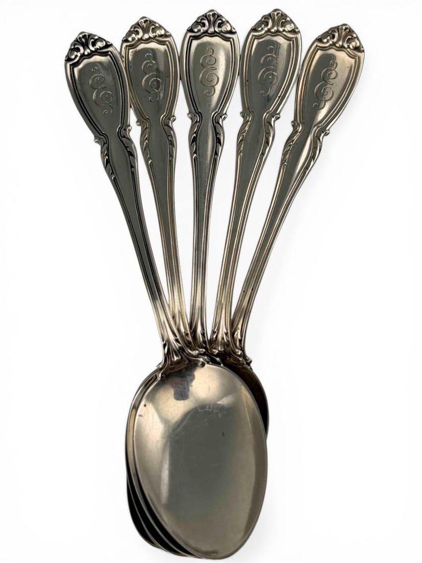 Sterling Silver Teaspoons: Sterling Silver Teaspoons, Set Of Five, 89.0g. Marked "Sterling." "E" Monogram. Approximately 5.37L x 1.12W in. ALL CREDIT CARDS WILL BE MANUALLY VERIFIED PRIOR TO SHIPMENT. Please note that winning