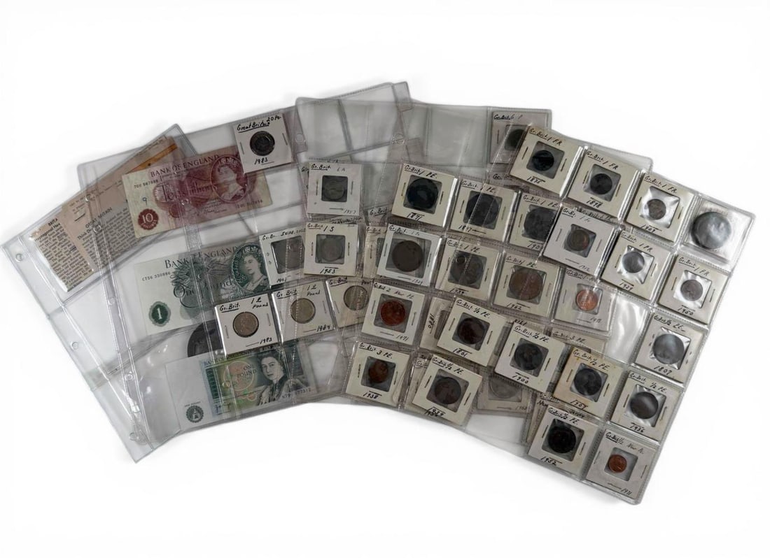 Grouping Of British Coins, Paper Currency, And Bronze Coronation Medal, 1797-1985 (1 of 15)