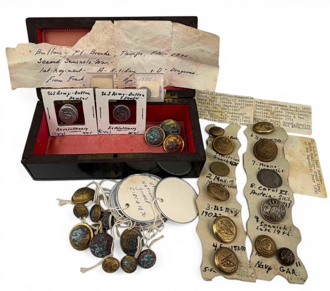 Collection Of U.S. & Foreign Military Buttons, Including Second Seminole War: Collection Of U.S. & Foreign Military Buttons, Including Second Seminole War. Buttons labeled: "1. Imperial Austrian-Hungarian Guard, ca. 1875...2. Maximilian, Emperor of Mexico, Ca. 1861-1867; 3. U.S