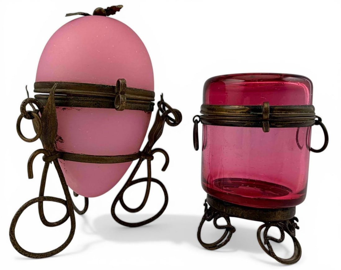 Two Antique Brass Mounted Cranberry & Satin Glass Trinket Boxes (1 of 12)