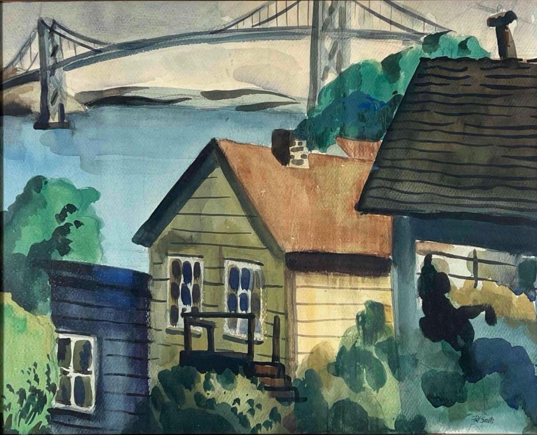 San Fracisco-Oakland Bay Bridge Landscape, Mid 20th Century, Watercolor On Paper (1 of 11)