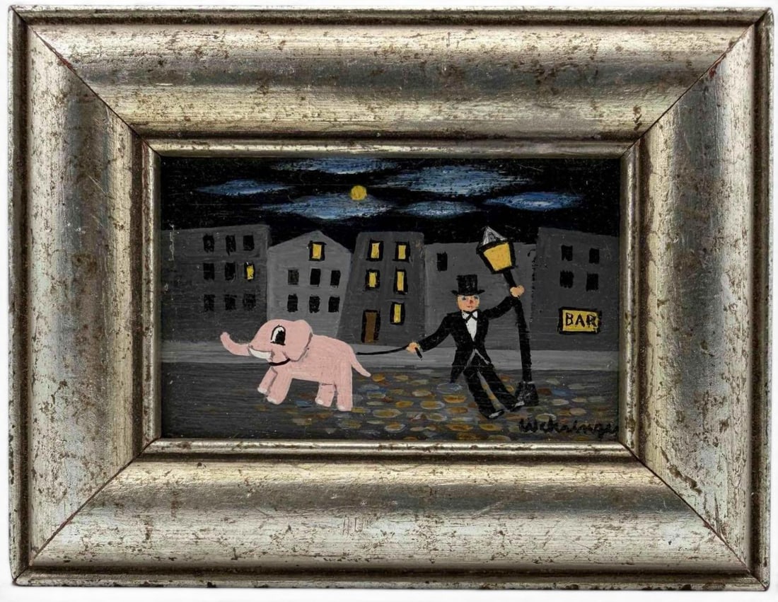 Charles Wehringer (New York, 20th C.), Miniature Painting Of Man With Elephant, Oil On Board (1 of 5)